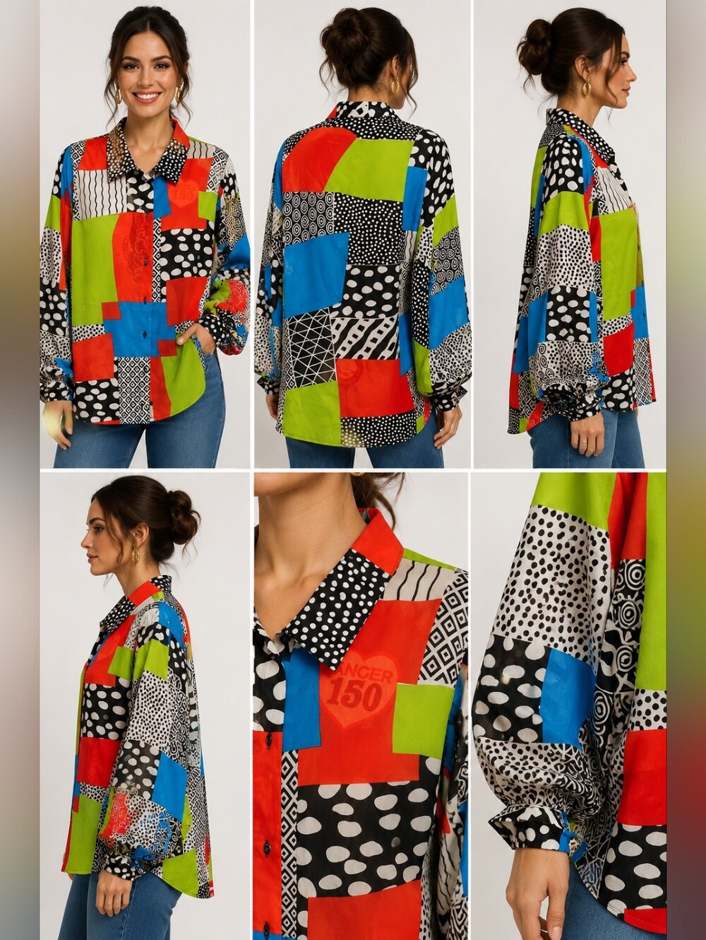 🍏Antilia Femme Color Block Patchwork Shirt Size Large